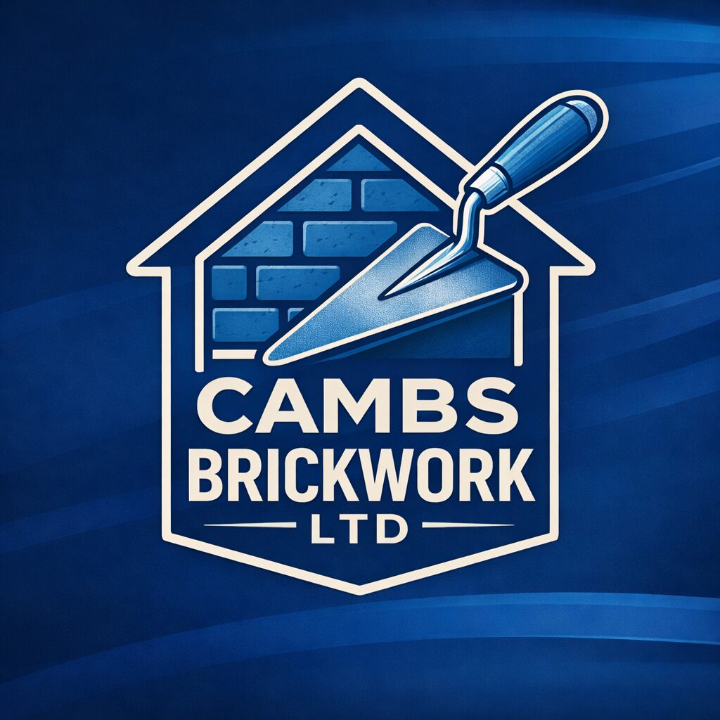 Blue and white logo: house outline, brick wall, and